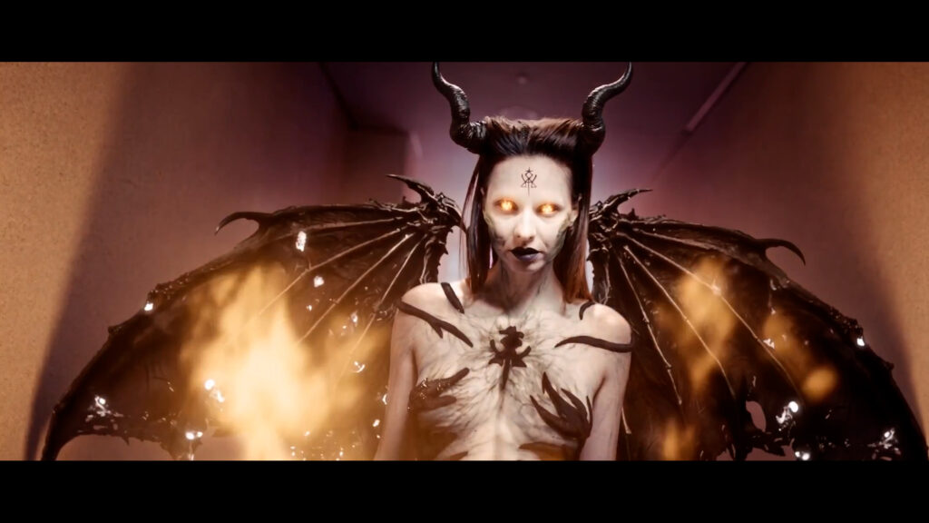 Anita Korosi as Nara with dark wings and glowing eyes in DEMON DANCER: SUA/NARA