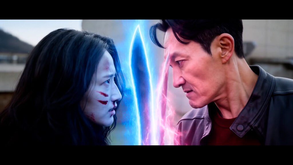 Jiyeon Han as Sua facing Joseph Kim as Kang in DEMON DANCER: SUA/NARA