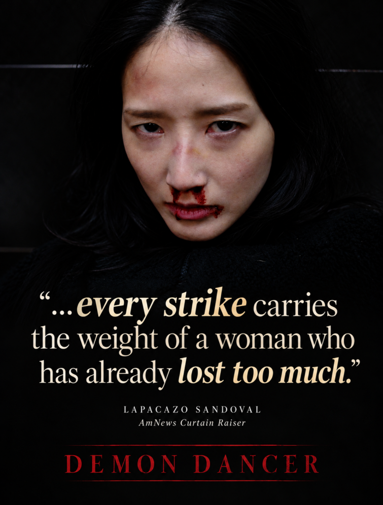 Sua with a bloodied nose and a review excerpt by Lapacazo Sandoval of AMNews Curtain Raiser