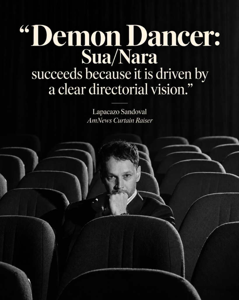 Black and white portrait of Attila Korosi with a review excerpt by Lapacazo Sandoval of AMNews Curtain Raiser