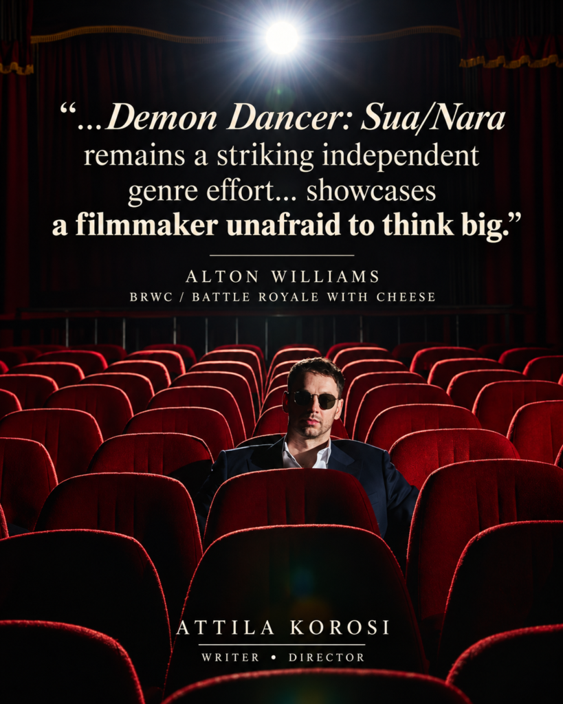 Attila Korosi seated in a red cinema with a review excerpt by Alton Williams of BRWC